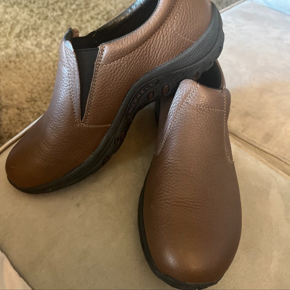 Merrell Mens Mahogany Brown Performance Leather Slip On Clog Slides Shoes 10 New